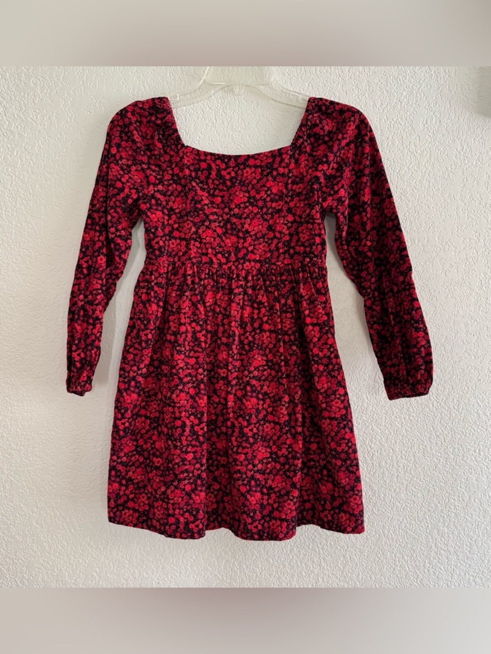 GAP Girls Red Black Floral Dress Corduroy Long Puff-Sleeve Square neck L 10